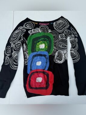 Desigual Black Graphic Sweater with Red, Blue & Green Blocks